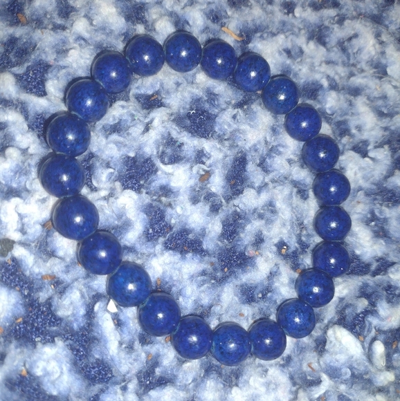 Lapis Lazuli Beaded Stretch Bracelet; Unisex Gemstone Bead Bracelet - Picture 6 of 6